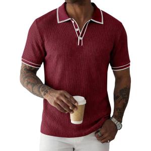 image:imageJMIERR Mens Short Sleeve Knit Polo Shirt Summer Casual Ribbed Texture Golf Polos T ShirtsDark Red