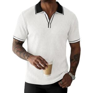 image:imageJMIERR Mens Short Sleeve Knit Polo Shirt Summer Casual Ribbed Texture Golf Polos T ShirtsWhite