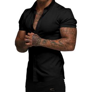 image:imageJMIERR Mens Muscle Fit High Stretch WrinkleFree Button Down Dress Shirts Summer Casual Short Sleeve Shirt01 Black