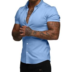 image:imageJMIERR Mens Muscle Fit High Stretch WrinkleFree Button Down Dress Shirts Summer Casual Short Sleeve ShirtA1 Blue