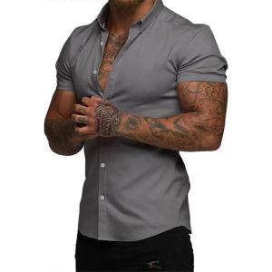 image:imageJMIERR Mens Muscle Fit High Stretch WrinkleFree Button Down Dress Shirts Summer Casual Short Sleeve ShirtA2 Light Grey
