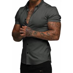 image:imageJMIERR Mens Muscle Fit High Stretch WrinkleFree Button Down Dress Shirts Summer Casual Short Sleeve ShirtA3 Dark Grey