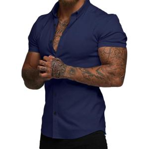 image:imageJMIERR Mens Muscle Fit High Stretch WrinkleFree Button Down Dress Shirts Summer Casual Short Sleeve ShirtBlue 1