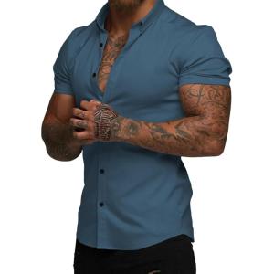 image:imageJMIERR Mens Muscle Fit High Stretch WrinkleFree Button Down Dress Shirts Summer Casual Short Sleeve ShirtBlue 2