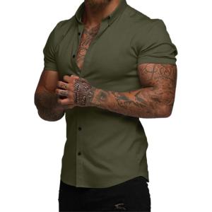 image:imageJMIERR Mens Muscle Fit High Stretch WrinkleFree Button Down Dress Shirts Summer Casual Short Sleeve ShirtGreen