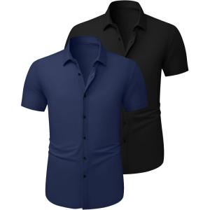 image:imageJMIERR Mens Muscle Fit High Stretch WrinkleFree Button Down Dress Shirts Summer Casual Short Sleeve ShirtPack Blackblue