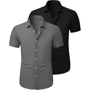 image:imageJMIERR Mens Muscle Fit High Stretch WrinkleFree Button Down Dress Shirts Summer Casual Short Sleeve ShirtPack Blackgrey