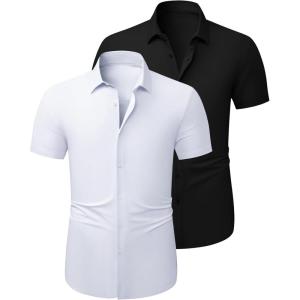 image:imageJMIERR Mens Muscle Fit High Stretch WrinkleFree Button Down Dress Shirts Summer Casual Short Sleeve ShirtPack Whiteblack