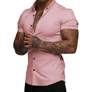 image:imageJMIERR Mens Muscle Fit High Stretch WrinkleFree Button Down Dress Shirts Summer Casual Short Sleeve ShirtPink