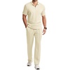 image:imageJMIERR Mens Summer Outfits 2 Piece Short Sets Beach Waffle 14 Zip Polo Shirts Casual Loose Pant LoungewearBeige