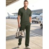 image:imageJMIERR Mens Summer Outfits 2 Piece Short Sets Beach Waffle 14 Zip Polo Shirts Casual Loose Pant LoungewearGreen