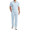 image:imageJMIERR Mens Summer Outfits 2 Piece Short Sets Beach Waffle 14 Zip Polo Shirts Casual Loose Pant LoungewearLight Blue