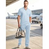 image:imageJMIERR Mens Summer Outfits 2 Piece Short Sets Beach Waffle 14 Zip Polo Shirts Casual Loose Pant LoungewearLight Blue