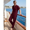 image:imageJMIERR Mens Summer Outfits 2 Piece Short Sets Beach Waffle 14 Zip Polo Shirts Casual Loose Pant LoungewearRed