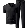 image:imageJMIERR Mens Summer Outfits 2 Piece Short Sets Beach Waffle 14 Zip Polo Shirts Casual Loose Pant LoungewearDark Grey