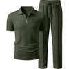 image:imageJMIERR Mens Summer Outfits 2 Piece Short Sets Beach Waffle 14 Zip Polo Shirts Casual Loose Pant LoungewearGreen