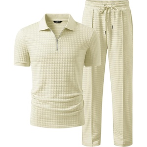 image:imageJMIERR Mens Summer Outfits 2 Piece Short Sets Beach Waffle 14 Zip Polo Shirts Casual Loose Pant LoungewearBeige