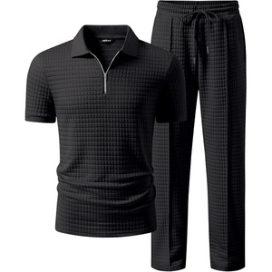 image:imageJMIERR Mens Summer Outfits 2 Piece Short Sets Beach Waffle 14 Zip Polo Shirts Casual Loose Pant LoungewearDark Grey