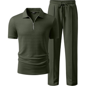 image:imageJMIERR Mens Summer Outfits 2 Piece Short Sets Beach Waffle 14 Zip Polo Shirts Casual Loose Pant LoungewearGreen