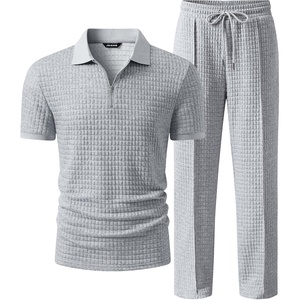 image:imageJMIERR Mens Summer Outfits 2 Piece Short Sets Beach Waffle 14 Zip Polo Shirts Casual Loose Pant LoungewearGrey