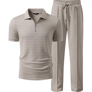 image:imageJMIERR Mens Summer Outfits 2 Piece Short Sets Beach Waffle 14 Zip Polo Shirts Casual Loose Pant LoungewearKhaki