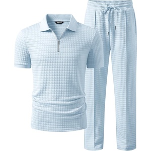 image:imageJMIERR Mens Summer Outfits 2 Piece Short Sets Beach Waffle 14 Zip Polo Shirts Casual Loose Pant LoungewearLight Blue