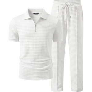image:imageJMIERR Mens Summer Outfits 2 Piece Short Sets Beach Waffle 14 Zip Polo Shirts Casual Loose Pant LoungewearWhite