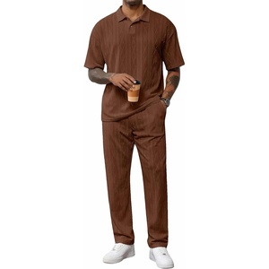 image:imageJMIERR Mens Two Piece Outfits Short Sleeve Polo Shirts amp Loose Pants Sets Casual Summer Textured SuitsChocolate Brown