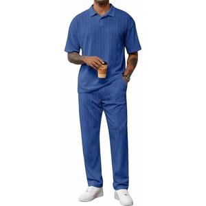 image:imageJMIERR Mens Two Piece Outfits Short Sleeve Polo Shirts amp Loose Pants Sets Casual Summer Textured SuitsDark Blue