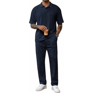 image:imageJMIERR Mens Two Piece Outfits Short Sleeve Polo Shirts amp Loose Pants Sets Casual Summer Textured SuitsNavy Blue