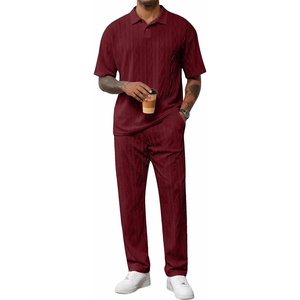 image:imageJMIERR Mens Two Piece Outfits Short Sleeve Polo Shirts amp Loose Pants Sets Casual Summer Textured SuitsRed