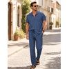 image:imageJMIERR Men Texture 2 Piece Outfit Short Sleeve Lightweight Beach Button Down Shirt Casual Pant Sets with PocketD Blue 3
