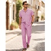 image:imageJMIERR Men Texture 2 Piece Outfit Short Sleeve Lightweight Beach Button Down Shirt Casual Pant Sets with PocketPink