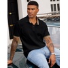 image:imageJMIERR Mens Polo Shirts Knit Textured Casual Short Sleeve Button Summer Vacation Beach Stretchy ShirtBlack