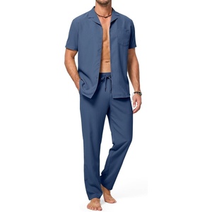 image:imageJMIERR Men Texture 2 Piece Outfit Short Sleeve Lightweight Beach Button Down Shirt Casual Pant Sets with PocketD Blue 3