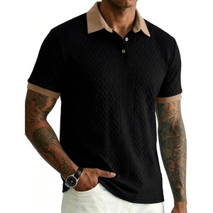 image:imageJMIERR Mens Polo Shirts Knit Textured Casual Short Sleeve Button Summer Vacation Beach Stretchy ShirtBlack