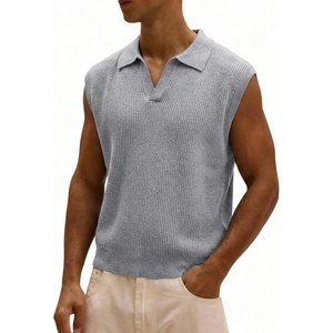 image:imageJMIERR Mens Casual Knitted Wool Sleeveless Shirts Johnny Collar Summer Beach Textured Tank TopsGray