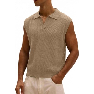 image:imageJMIERR Mens Casual Knitted Wool Sleeveless Shirts Johnny Collar Summer Beach Textured Tank TopsKhaki