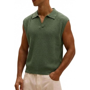 image:imageJMIERR Mens Casual Knitted Wool Sleeveless Shirts Johnny Collar Summer Beach Textured Tank TopsMoss Green