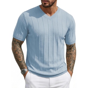 image:imageJMIERR Mens V Neck Knit Shirts Short Sleeve Sweater Shirt Casual Ribbed Pullover T ShirtBeau Blue