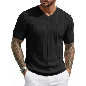 image:imageJMIERR Mens V Neck Knit Shirts Short Sleeve Sweater Shirt Casual Ribbed Pullover T ShirtBlack