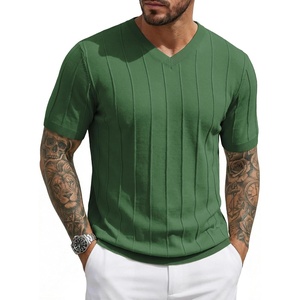 image:imageJMIERR Mens V Neck Knit Shirts Short Sleeve Sweater Shirt Casual Ribbed Pullover T ShirtGreen