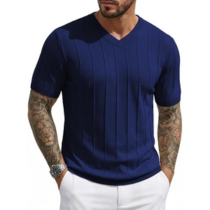 image:imageJMIERR Mens V Neck Knit Shirts Short Sleeve Sweater Shirt Casual Ribbed Pullover T ShirtNavy Blue