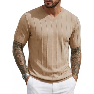 image:imageJMIERR Mens V Neck Knit Shirts Short Sleeve Sweater Shirt Casual Ribbed Pullover T ShirtParchment