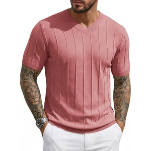 image:imageJMIERR Mens V Neck Knit Shirts Short Sleeve Sweater Shirt Casual Ribbed Pullover T ShirtPink