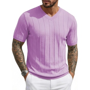 image:imageJMIERR Mens V Neck Knit Shirts Short Sleeve Sweater Shirt Casual Ribbed Pullover T ShirtPurple