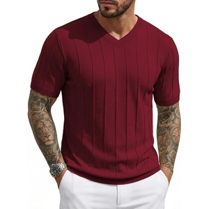 image:imageJMIERR Mens V Neck Knit Shirts Short Sleeve Sweater Shirt Casual Ribbed Pullover T ShirtRed