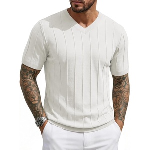 image:imageJMIERR Mens V Neck Knit Shirts Short Sleeve Sweater Shirt Casual Ribbed Pullover T ShirtWhite