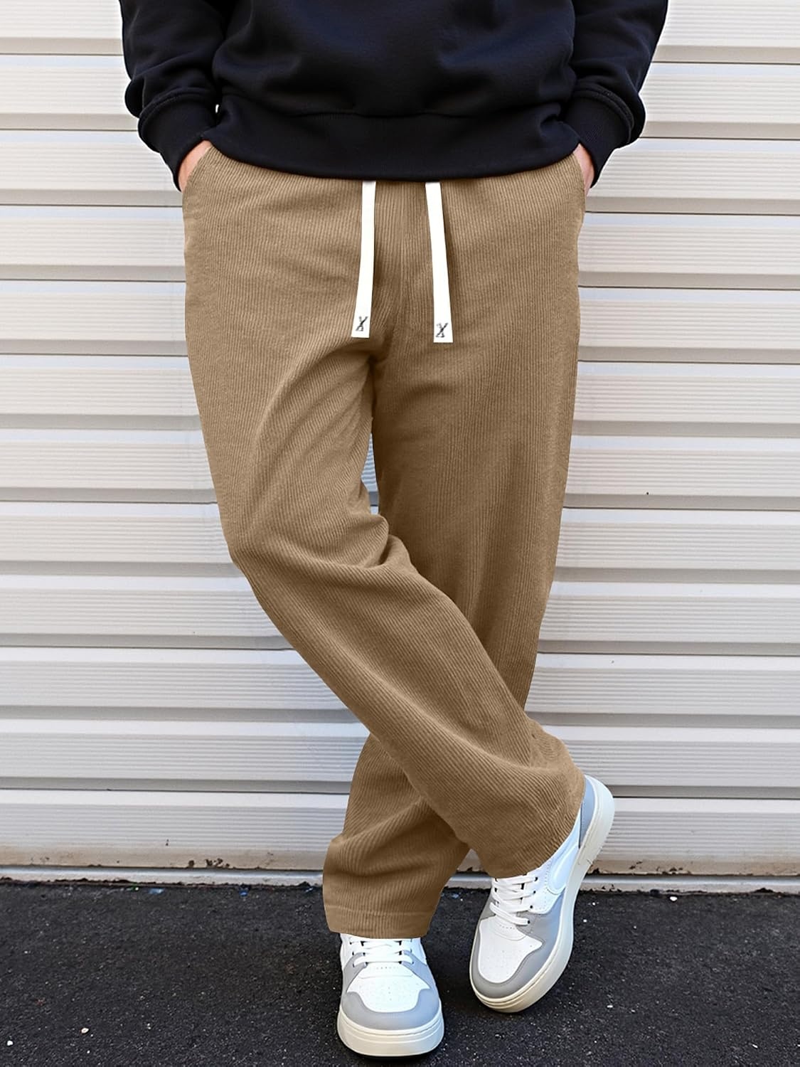 image:imageJMIERR Mens Corduroy Pants Wide Leg Baggy Sweatpants  Loose Fit Joggers Elastic Waist Drawstring Casual Sweatpants Vintage Pants Fall Winter Fashion StreetwearLight Brown