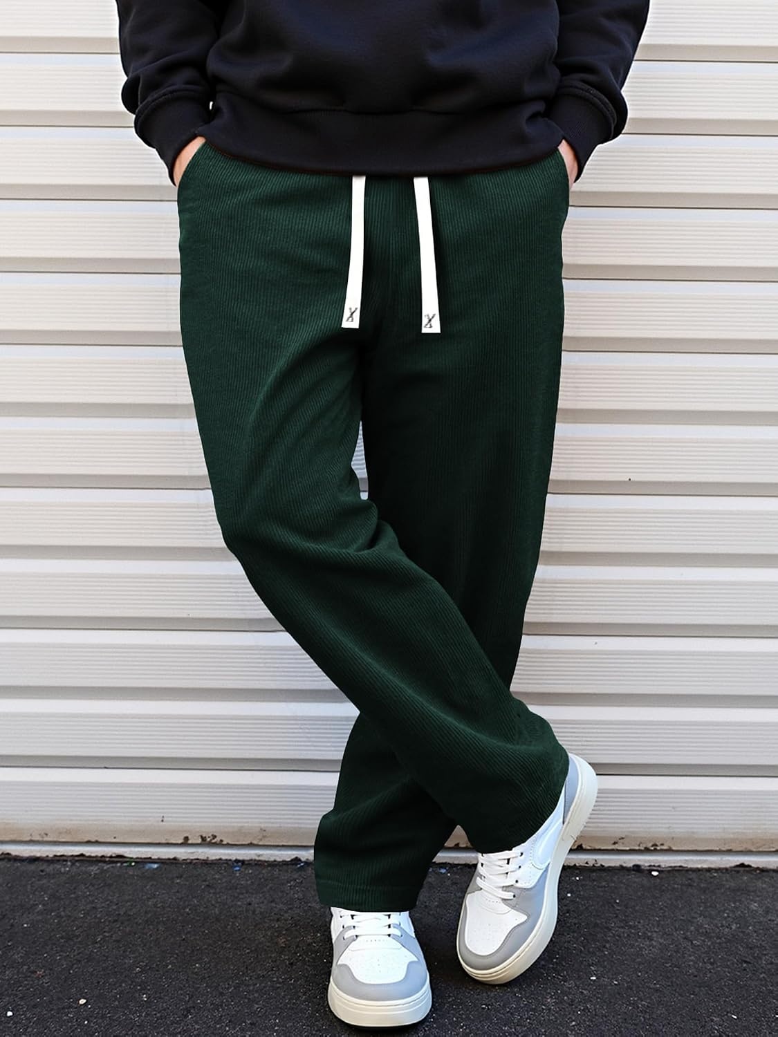 image:imageJMIERR Mens Corduroy Pants Wide Leg Baggy Sweatpants  Loose Fit Joggers Elastic Waist Drawstring Casual Sweatpants Vintage Pants Fall Winter Fashion StreetwearDark Green